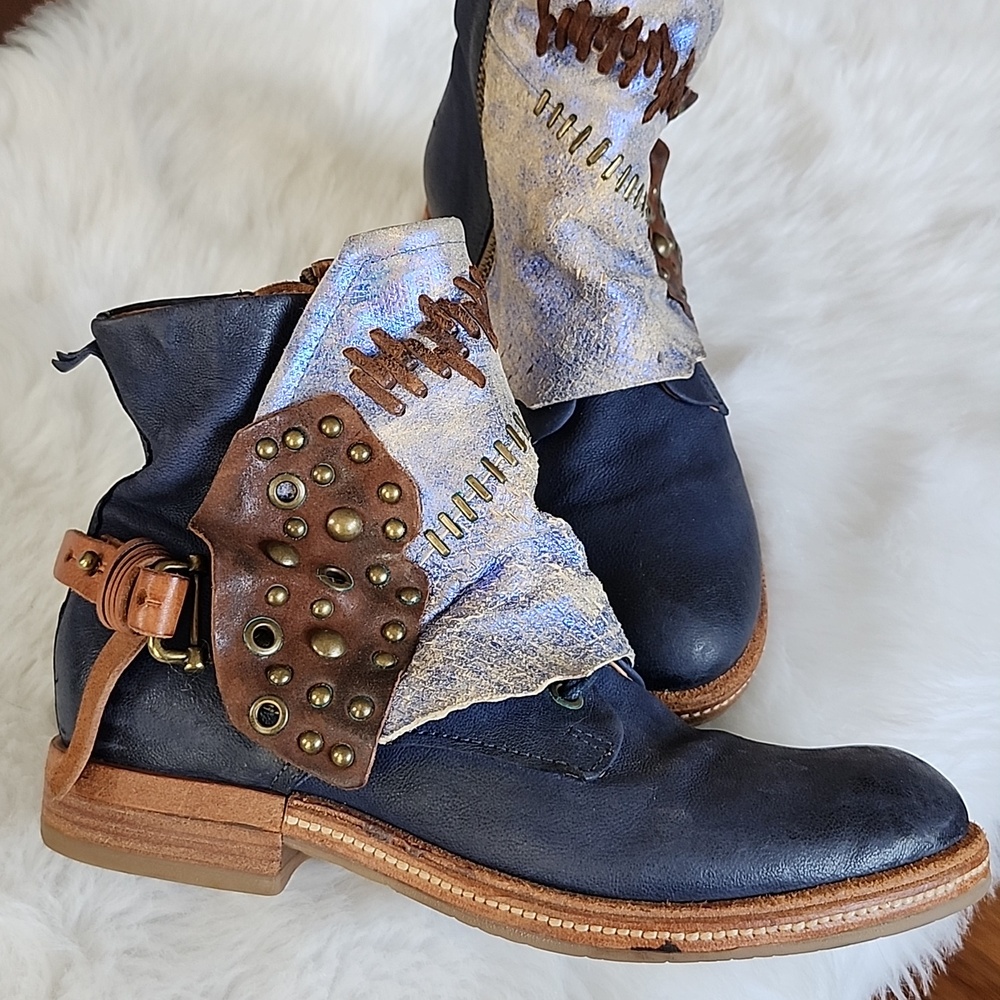A.S. 98 Navy Blue and Tan Leather Studded Boho Ankle Boots, 37 - Picture 4 of 15
